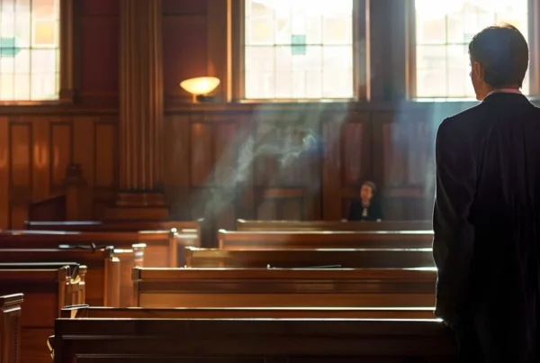 a determined criminal defense attorney stands confidently in a dimly lit courtroom, the tension palpable as the gavel strikes, symbolizing the fight for justice and the potential to reduce charges.