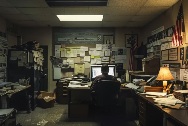 a somber office setting features a solitary figure sitting at a cluttered desk, surrounded by legal documents and a computer screen displaying a state sex offender registry, conveying the weight of personal consequences and legal responsibilities.