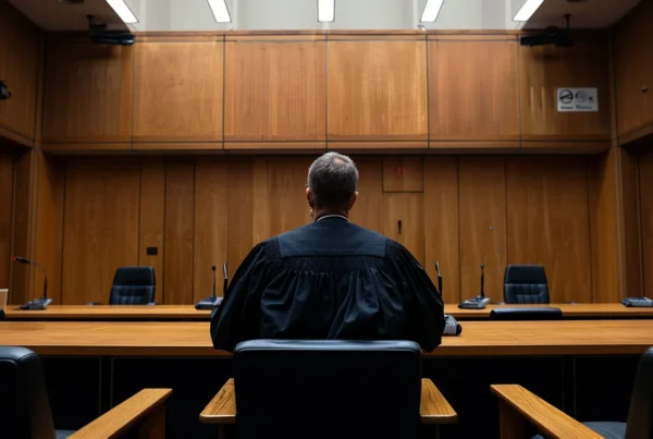 a focused courtroom scene captures a serious and determined individual seated at a sleek wooden defense table, flanked by attentive legal counsel, with a solemn judge presiding in a dimly lit, austere environment, highlighting the gravity of facing a sex crime allegation.